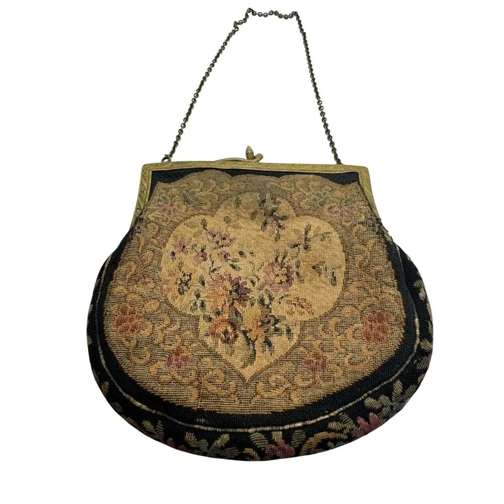 Antique 1920s Jeweled Enamel Frame Tapestry Evening Purse with Snake Clasp